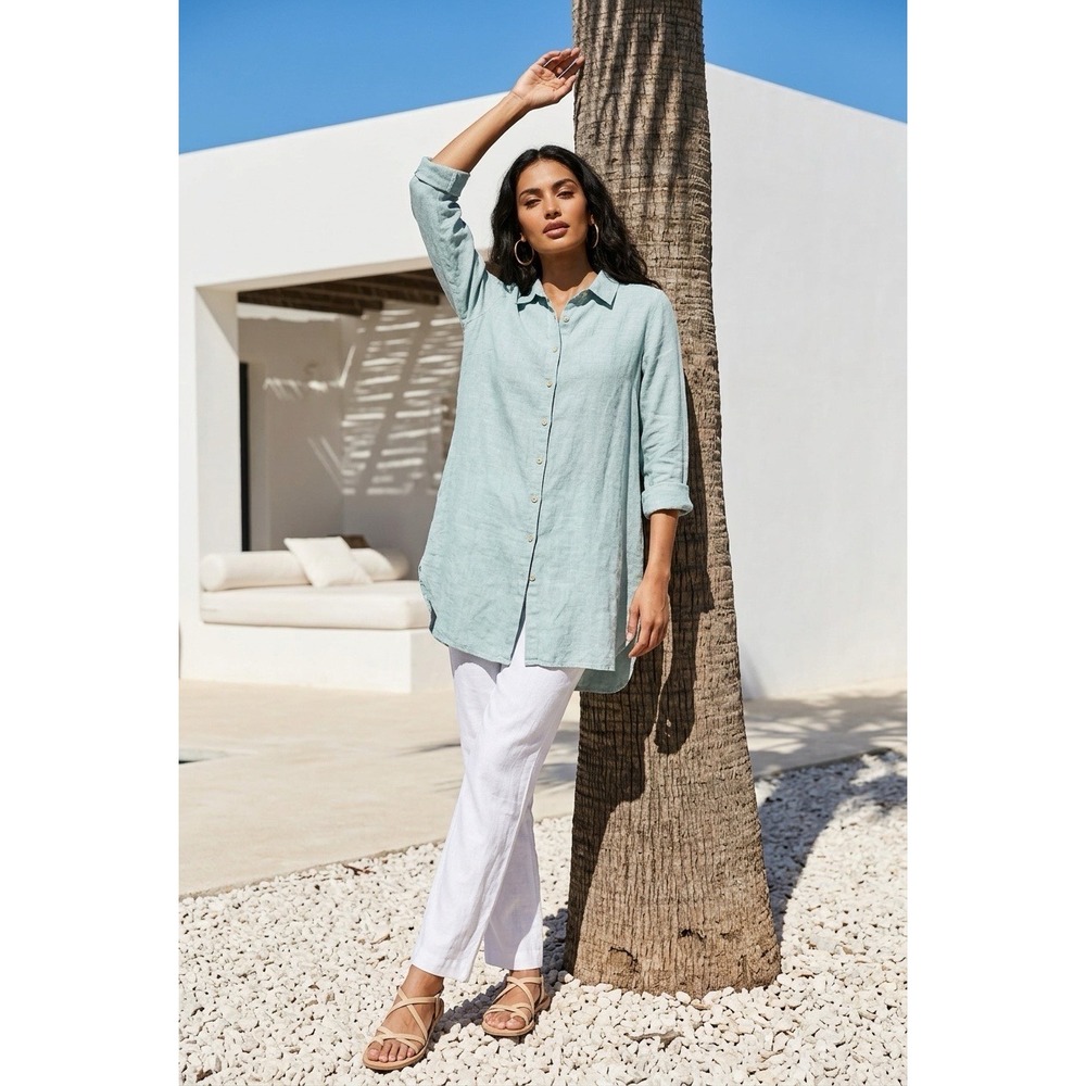FLAX Women Medium Linen Tunic Top Seafoam Green Button Down Long Sleeve Pocket